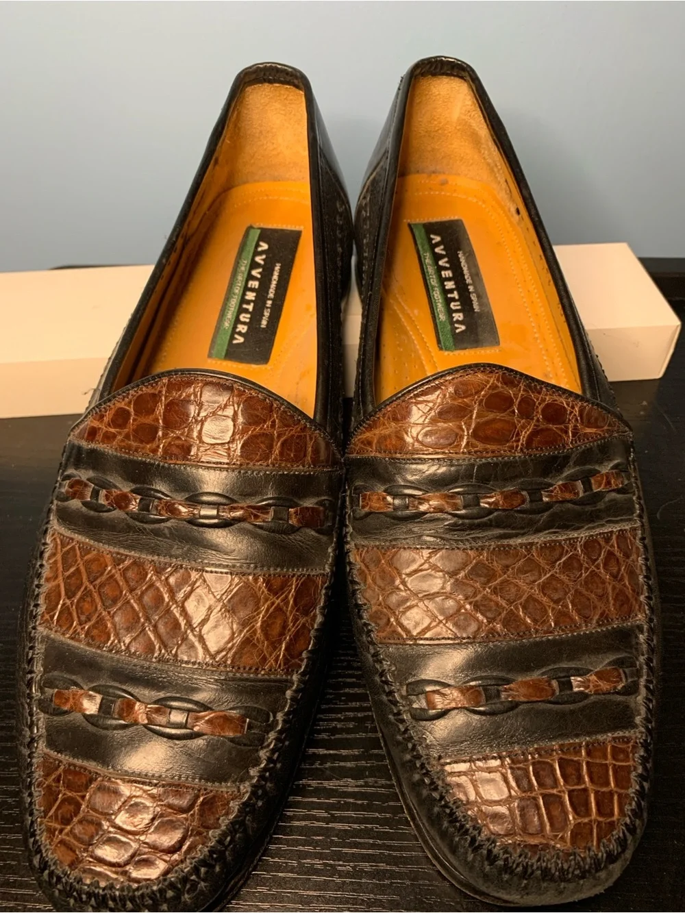Aventura (Spain) Brown & Black Croc-Embossed Leather Slip-On Loafers